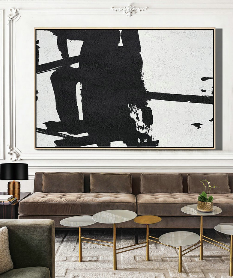Large Colorful Wall Art,Horizontal Minimal Painting On Canvas, Black, White, Grey - Textured Painting Canvas Art